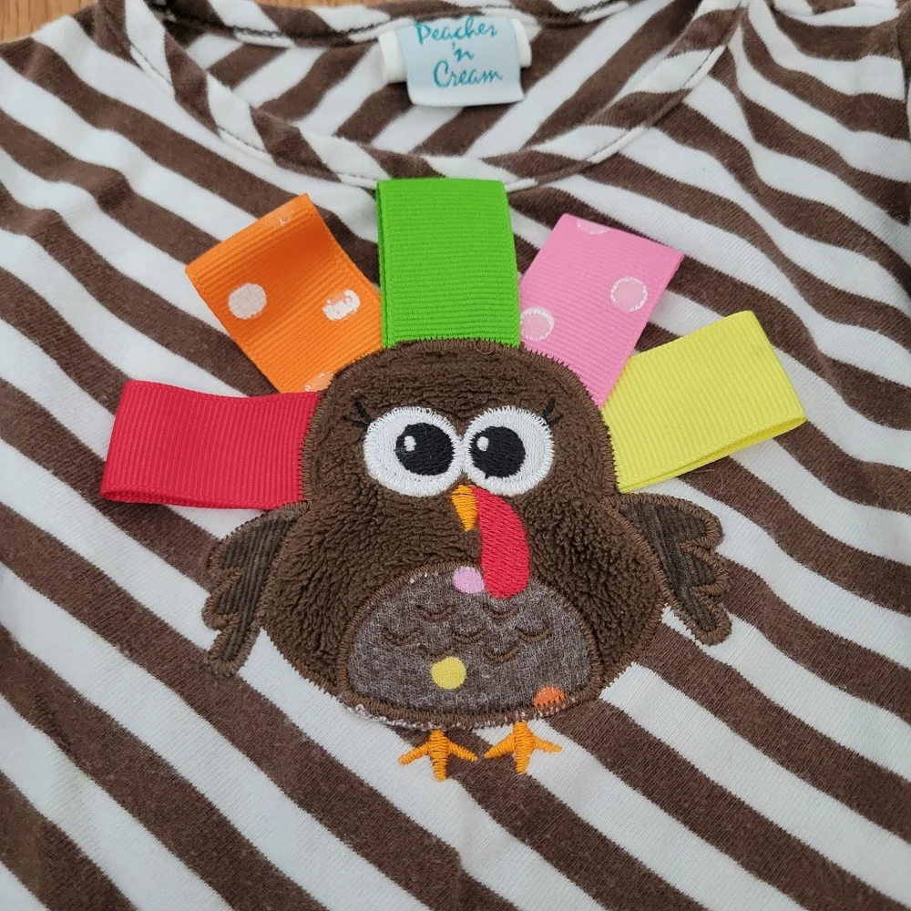 Peaches & Cream Baby Girl Thanksgiving Shirt Size 18 Months Turkey Stripes Bow